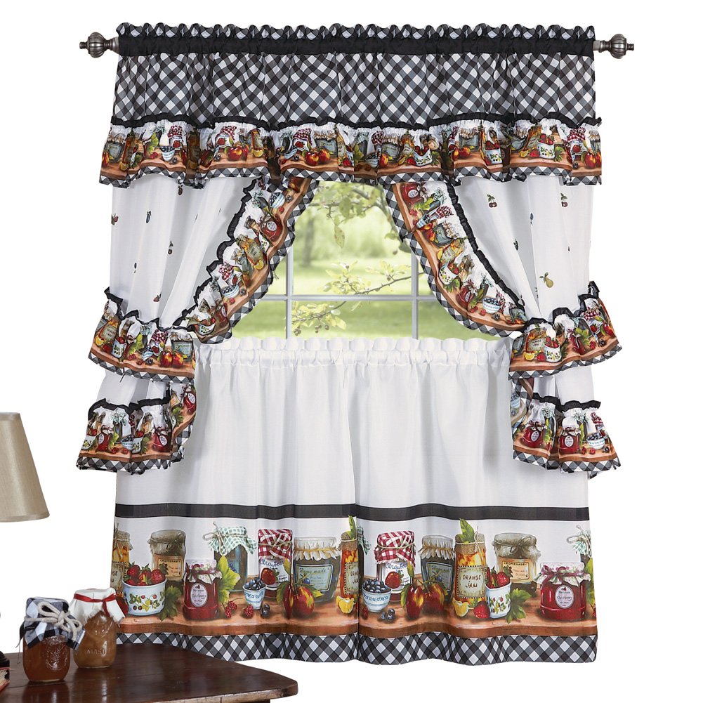 Collections Etc Mason Jars Kitchen Rod Pocket Window Curtain Set, Brown, 57" X 36"