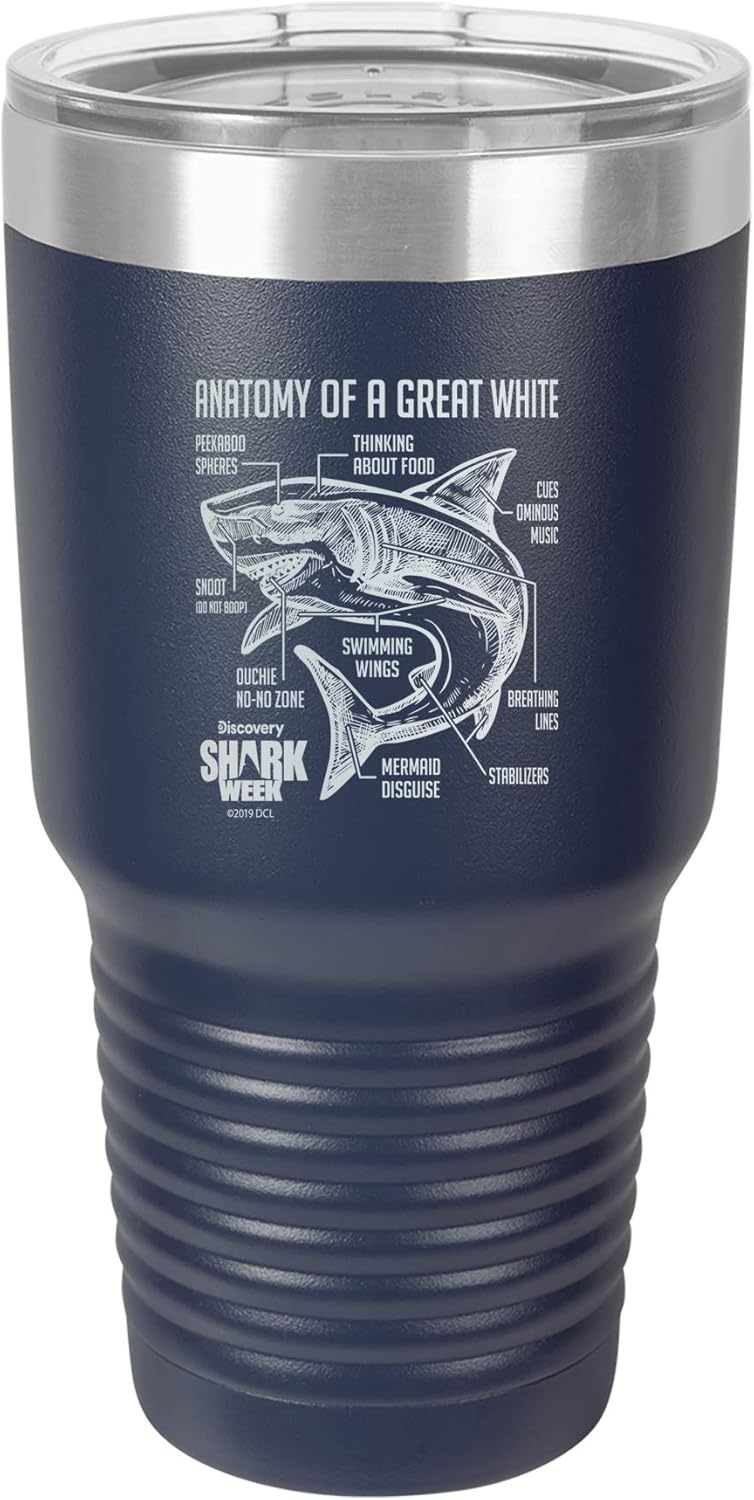 SHARK WEEK - ANATOMY OF A GREAT WHITE SHARK Stainless Steel Insulated 30oz Tumbler With Lid- Navy