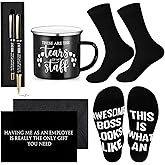 ReliThick 6 Pcs Fun Boss Gift for Men Included 12 oz Tears of My Staff Enamel Mug Socks Ballpoint Pen with Pen Box Card Envelope Funny Birthday Retirement Gift for Bosses Leader Manager(Black)