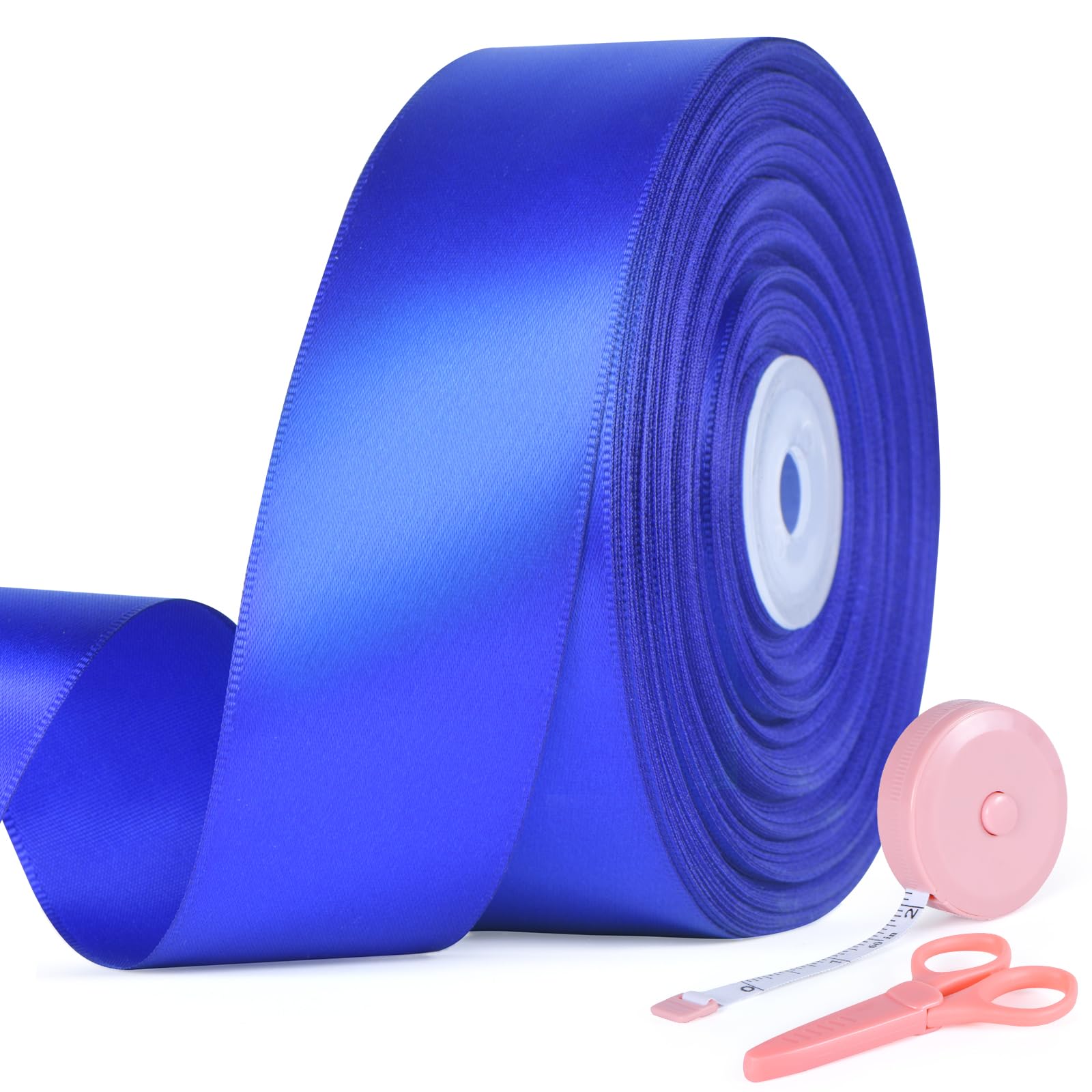 Photo 1 of 1 1/2 Inch x 50 Yards Satin Ribbon - Wide Solid Fabric Ribbon for Gift Wrapping, Wedding, Party Decorations, Hair Bows, Chair Sash, Crafts - Includes 1 Tape Measure and 1 Scissors (Royal Blue)