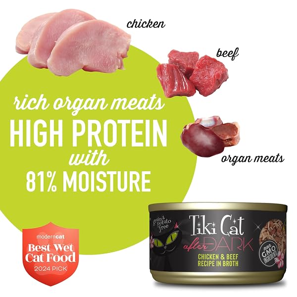 TIKI PETS CAT AFTER DARK GRAIN-FREE, LOW-CARBOHYDRATE WET FOOD WITH REAL SHREDDED MEAT FOR CATS & KITTENS, 2.8OZ, 12PK, CHICKEN & BEEF, BLACK (11240)
