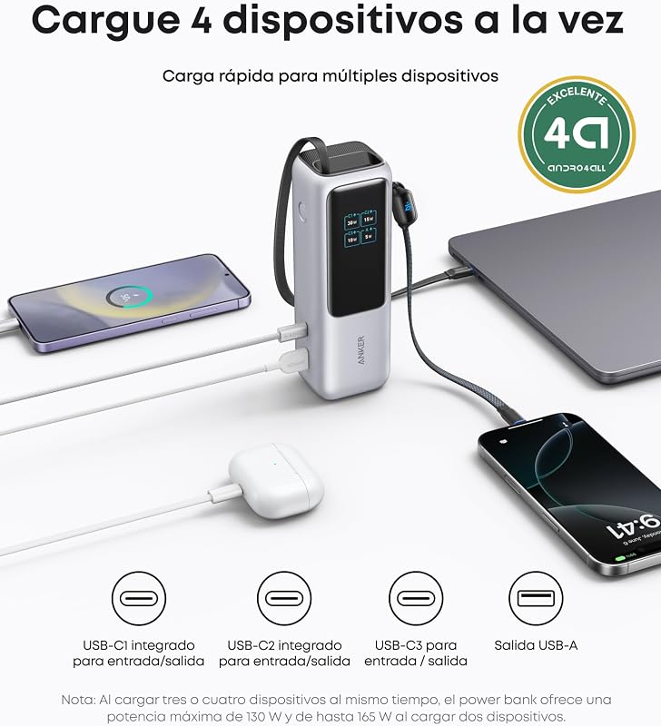 Zolo Power Bank (25K, 165W, USB-C incorporado e cabo retrátil) carregador portátil de alta velocidade, 1 USB-C, 1 USB-A, bateria para iPhone 16/15/15 Pro/15 Pro Max/15 Plus, MacBook, Galaxy e mais