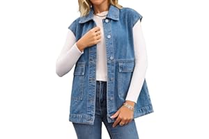 CIMUK Women's Oversized Denim Vest Collared Button Down Sleeveless Long Jean Jacket