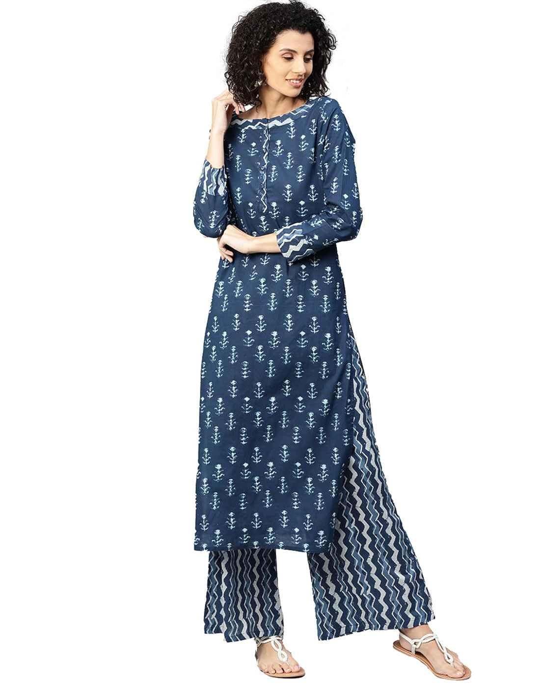 jaipur kurti women blue ethnic motifs straight cotton kurta with palazzo
