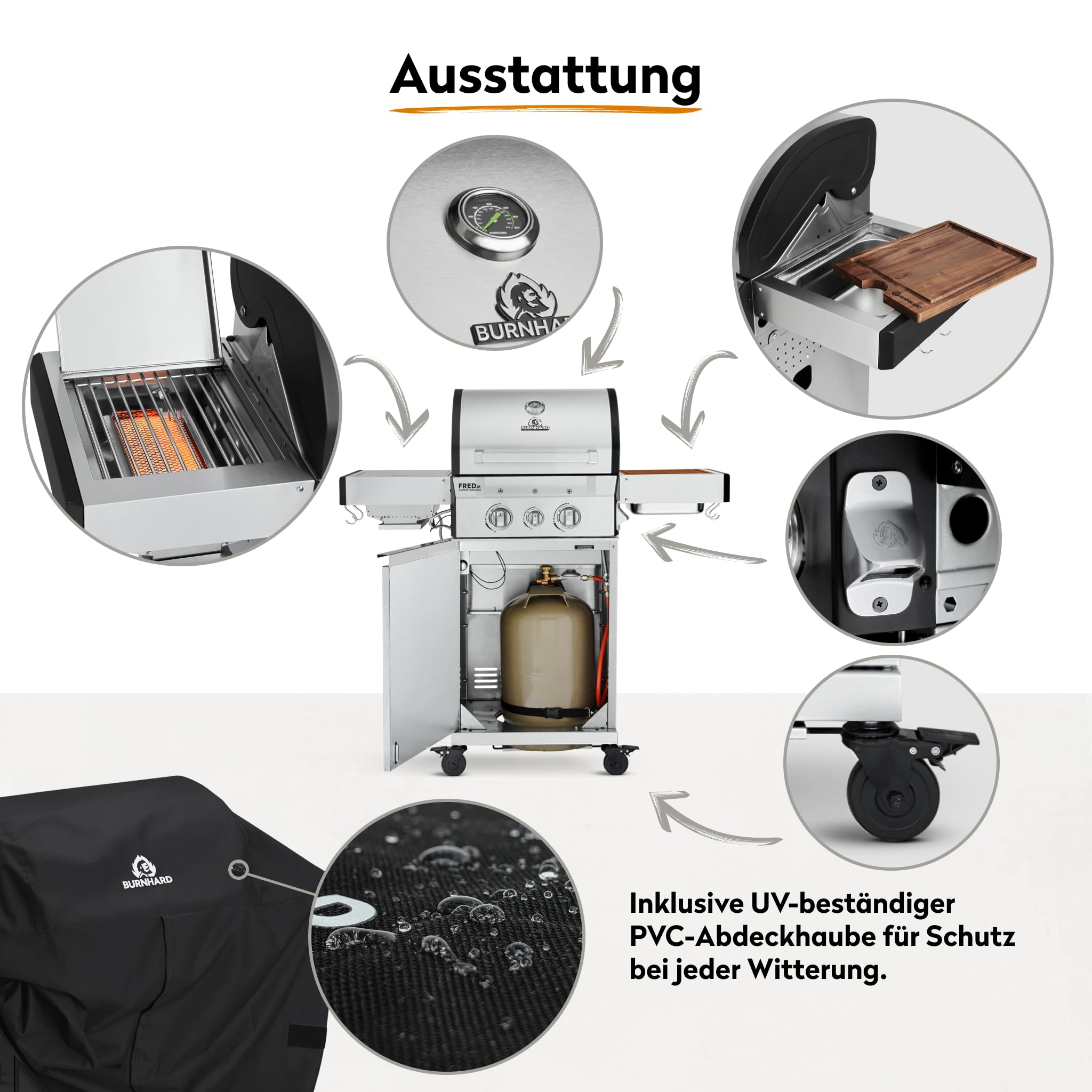 BURNHARD 2-Brenner Gasgrill FRED Jr. Deluxe Series 3 inkl. 900°C Infrarot-Keramikbrenner, Edelstahl-Grillrost, Grillabdeckung, Edelstahl Grillwagen + klappbare Seitentische 6