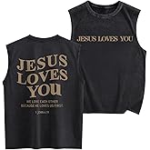 Weetiotio Jesus Loves You Mens Graphic Tank Tops Christian Sleeveless Cut Off Muscle Shirts Gym Workout Tank Acid Wash Tshirt