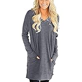 LERUCCI Womens Casual Long Sleeves Solid V-Neck Tunics Tops with Pockets Dark Grey Small