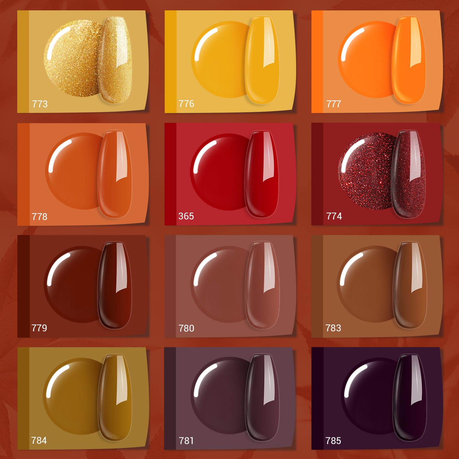 MEFA Gel Nail Polish Set, 12 Color Red Brown Gold Glitter Nail Polish Kit Soak Off Pumpkin Bronze Nail Art Decorations DIY Home Salon Design Manicure Gifts for Women Girls - Image 9