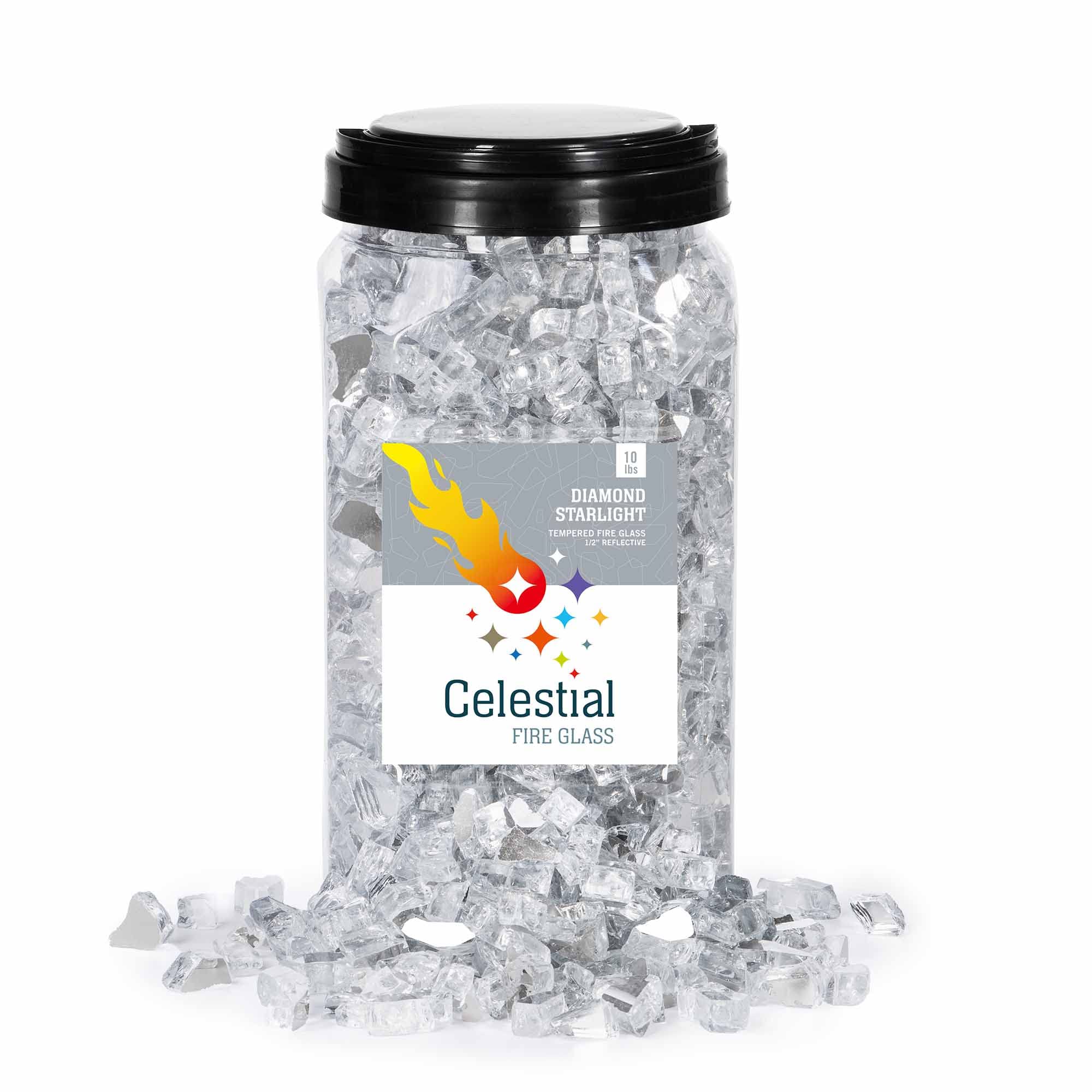 Celestial Fire Glass High Luster, 1/2" Reflective Tempered Fire Glass in Diamond Starlight, 10 Pound Jar
