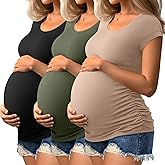Ficerd 3 Pack Women's Maternity Shirts Cap Sleeve Pregnancy Tunic Tops Crew Neck Side Ruched Tee Summer Mama Clothes