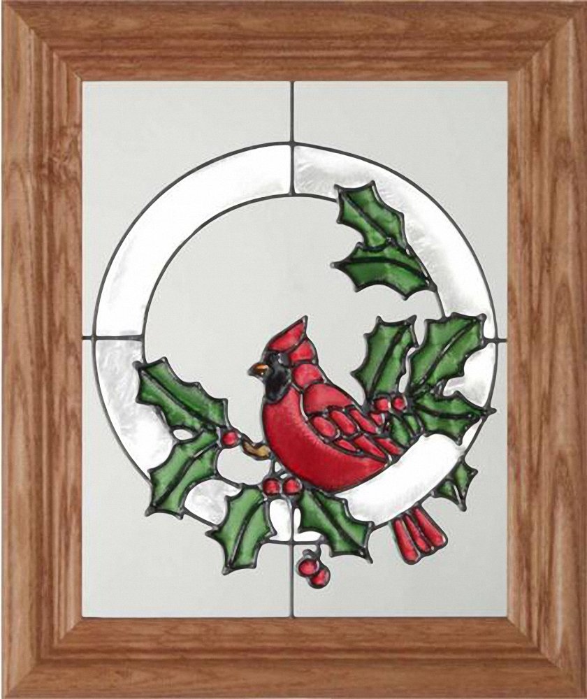 Holiday Cardinal Holly Berries Vertical Art Glass Panel with Wooden Frame 12 x 10