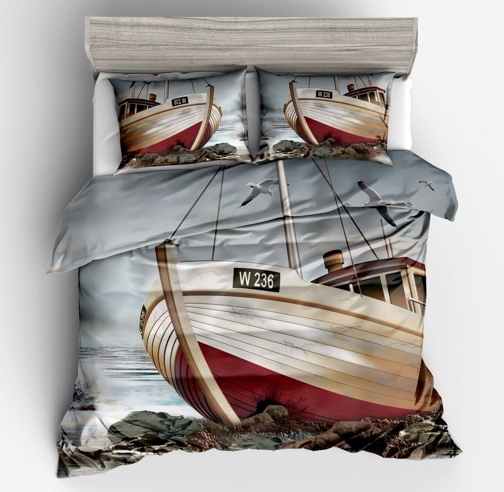Jwellking 3D Sailing Boat Bedding Sets for Teen Kids,3 Piece Full Duvet Cover Set With hide Zipper,1 Duvet Cover+2 Pillow Shams