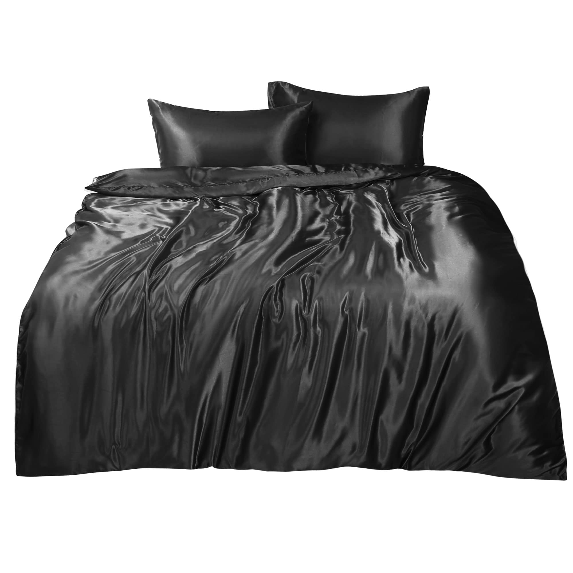 PiccoCasa Satin Duvet Cover Set 3 Piece, Silky Satin Comforter Cover Set Super Soft Breathable Microfiber, Satin Bedding Set with Hidden Zipper Closure Double Black Double