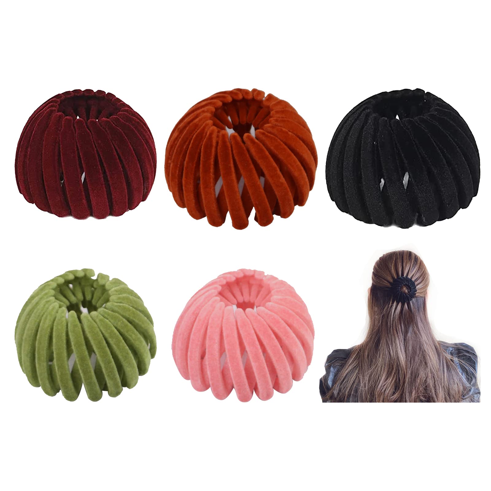 Birds Nest Hair Clip- 5Pcs Velvet Expandable Ponytail Holder Hair Claw Clamps, Bun Maker Clip Tool, Lazy Bird's Nest Plate Hairpin Hair Accessories for Women,Girls (5 Colors)