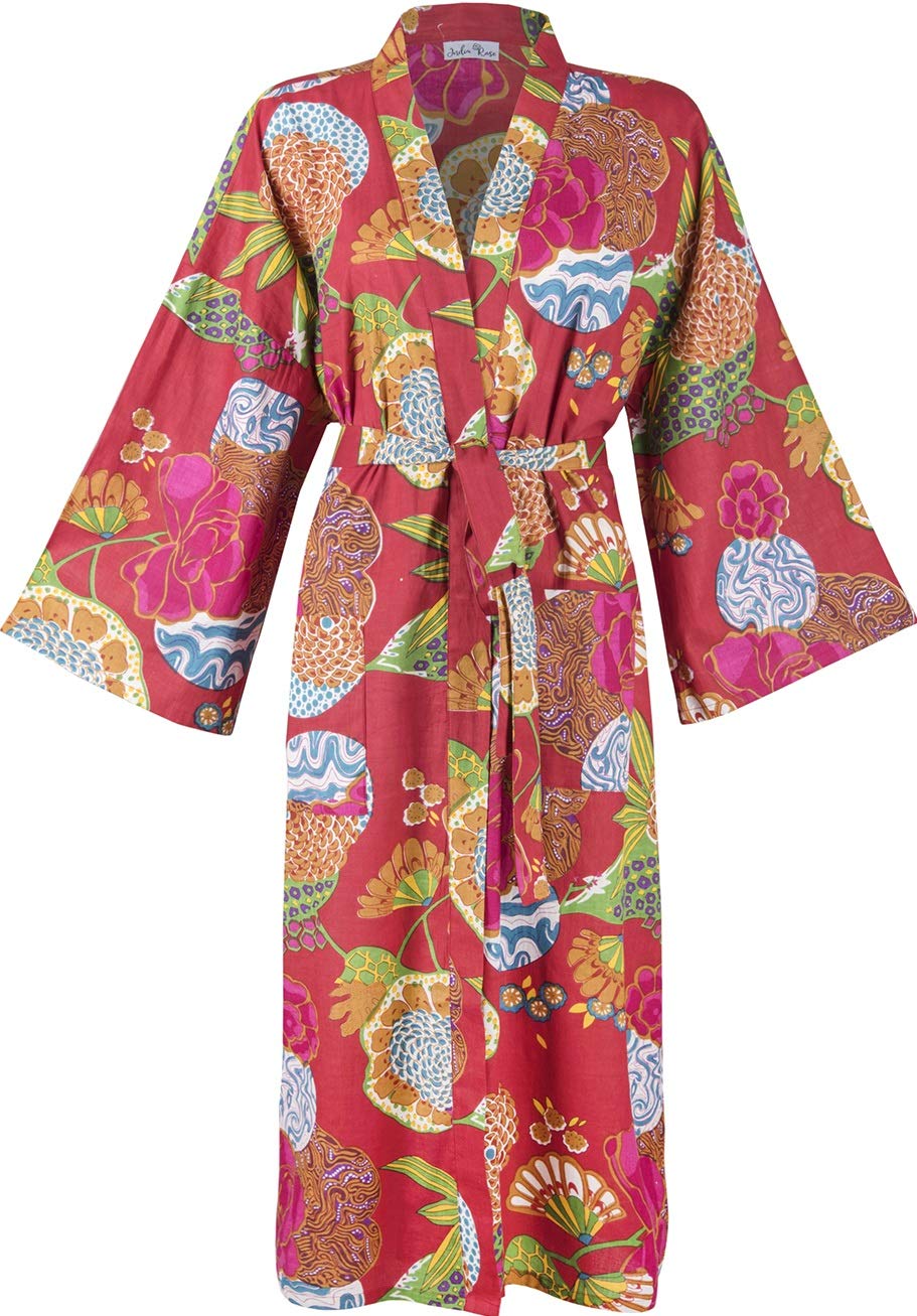 100% Cotton Dressing Gowns for Women & Men, Lightweight Summer Kimono Bathrobes, 100% Indian Cotton, Organically Grown, Ethically Made, Hand Printed. Fits UK 10-18 (Red Tropical Print)