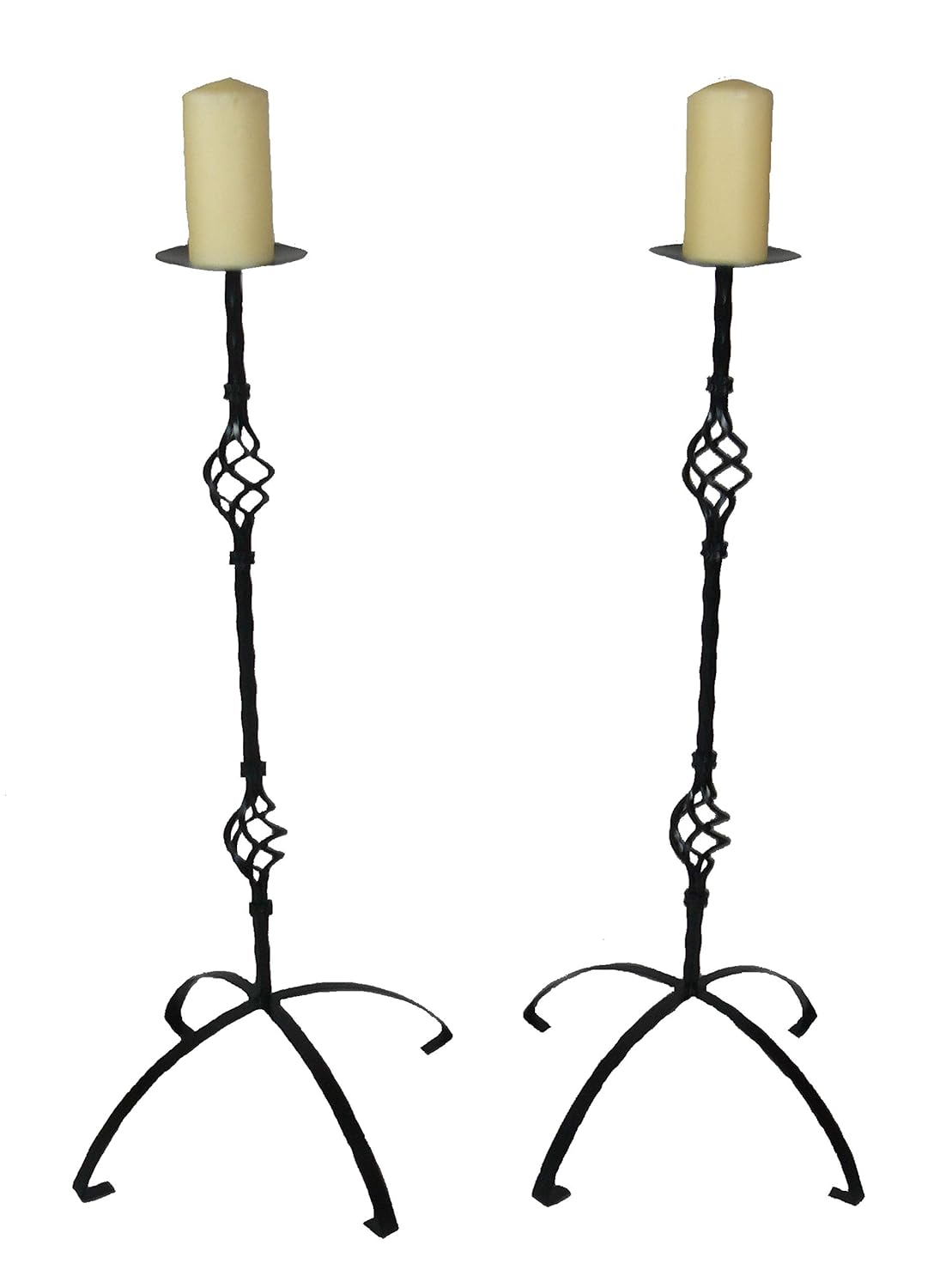 Candle sticks wrought iron black tall hammered bar 34in high set of two