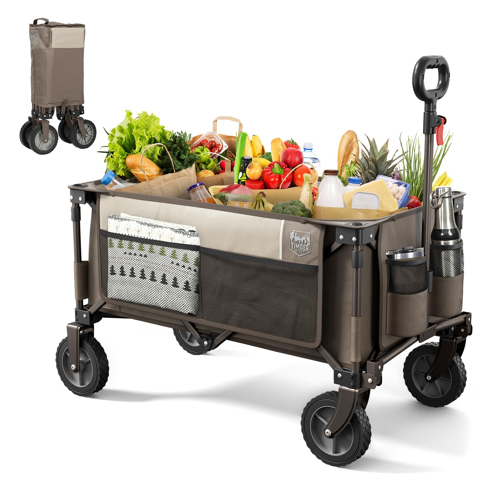 TIMBER RIDGE Collapsible Outdoor Folding Wagon Cart Heavy Duty Camping Patio Shopping Garden Cart with Side Bag Cup Holder, Tan Image