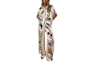 Perbai Womens 2 Piece Linen Sets Short Sleeve Button Down Shirt Wide Leg Pants Lounge Sets Boho Print Summer Matching Sets