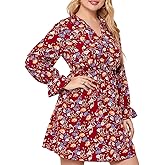 Dress for Women Floral Mini Button Down V-Neck Short Dress, High Waist Tie Belt Flowy Summer Casual Spring Outfits