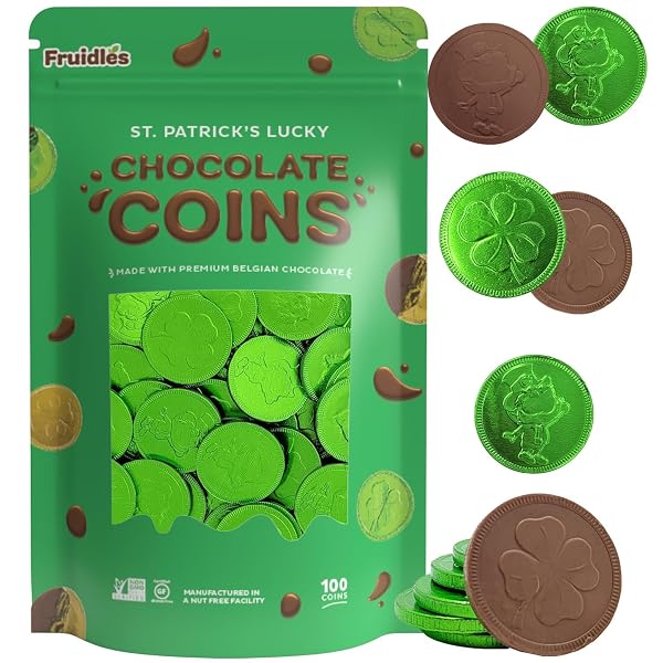 SAINT PATRICK’S DAY 100 CLOVER SHAMROCK LEPRECHAUN GREEN COINS, PREMIUM BELGIAN NUT-FREE CANDY, KOSHER (100-PACK)