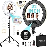MACTREM 22" Foldable Ring Light with Stand for iPhone ipad, 75" Tripod with Wheels 50W 6500K LED Display/2 USB Ports Large Ringlight Rolling, Tattoo Barber Makeup Studio Video Photography Lighting