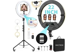 MACTREM 22" Foldable Ring Light with Stand for iPhone ipad, 75" Tripod with Wheels 50W 6500K LED Display/2 USB Ports Large Ringlight Rolling, Tattoo Barber Makeup Studio Video Photography Lighting