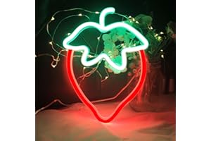 Strawberry Neon Sign Red Green Strawberry Neon Lights for Cute Fruits USB Battery LED Sign for Room Restaurant Bar Fruit Shop