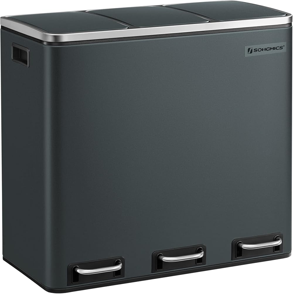 SONGMICS Kitchen Bin 3 x 18 L Recycling Bin 3 Compartment Steel Greenish Grey