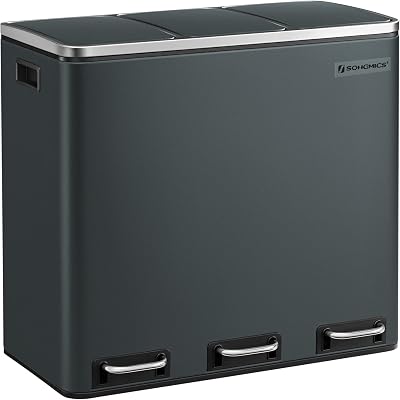 SONGMICS Kitchen Bin 3 x 18 L Recycling Bin 3 Compartment Steel Greenish Grey
