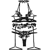 Lilosy Sexy Cute Applique Embroidered Underwire Push Up Garter Belt Chocker Lingerie Set