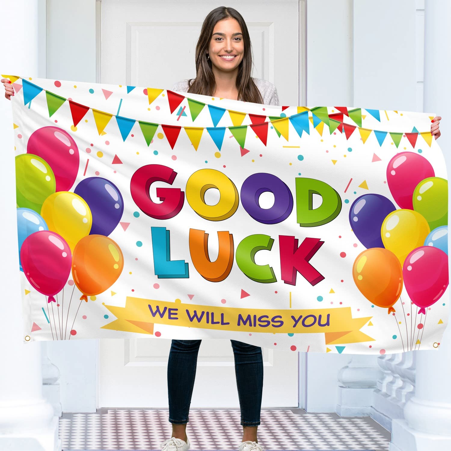 Good Luck Banner - Sorry Your Leaving Decorations 5ft x 3ft - We Will Miss You Goodbye Farewell Banner (White)