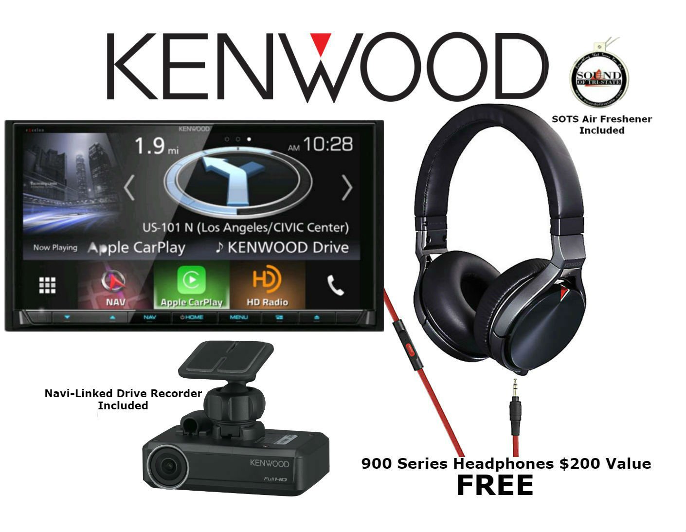 Kenwood DNX994S 6.95" Navigation System w/Built in Bluetooth, HD Radio, Dash Cam DRV-N520 and Free KH-KR900 Headphone Package