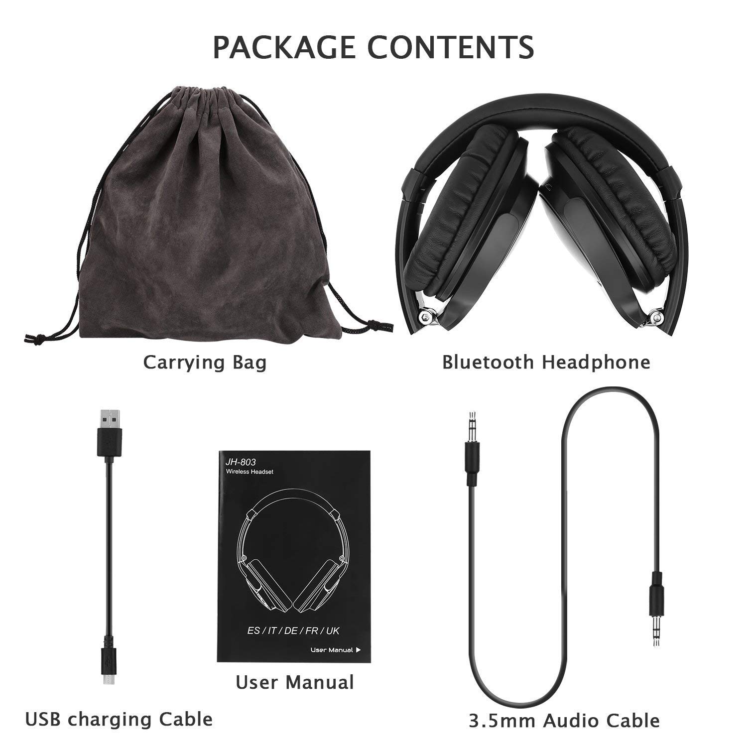 Bluetooth Kopfhörer Kabellos on Ear mit Sattem Bass, Mikrofon und 3,5-mm-Audioeingang, Federleichtes Headset für Handy, Tablets und PC (Schwarz)