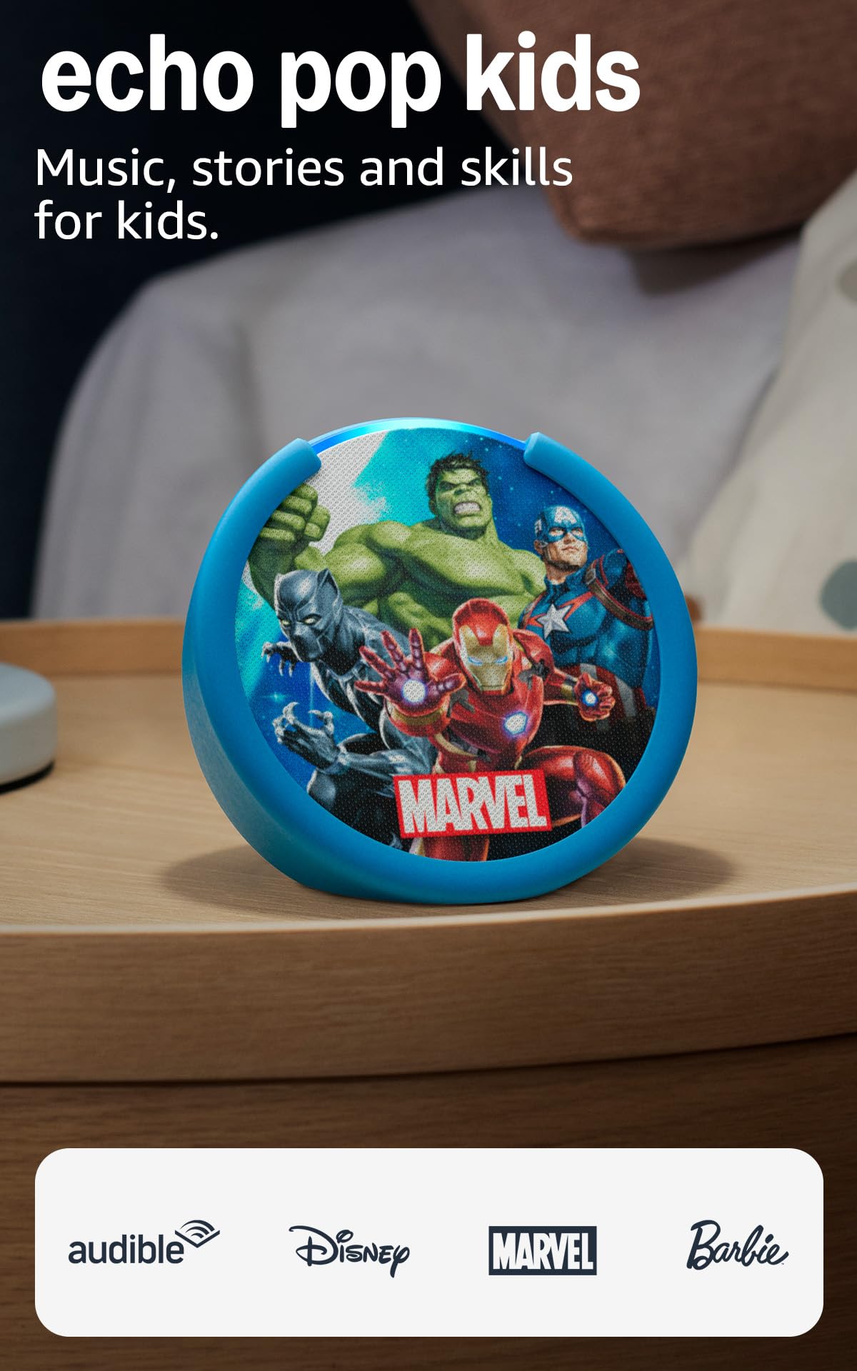 Amazon Echo Pop Kids (newest model), Designed for kids, with Alexa+ Early Access, parental controls, Includes 6 months of Amazon Kids+, Marvel's Avengers