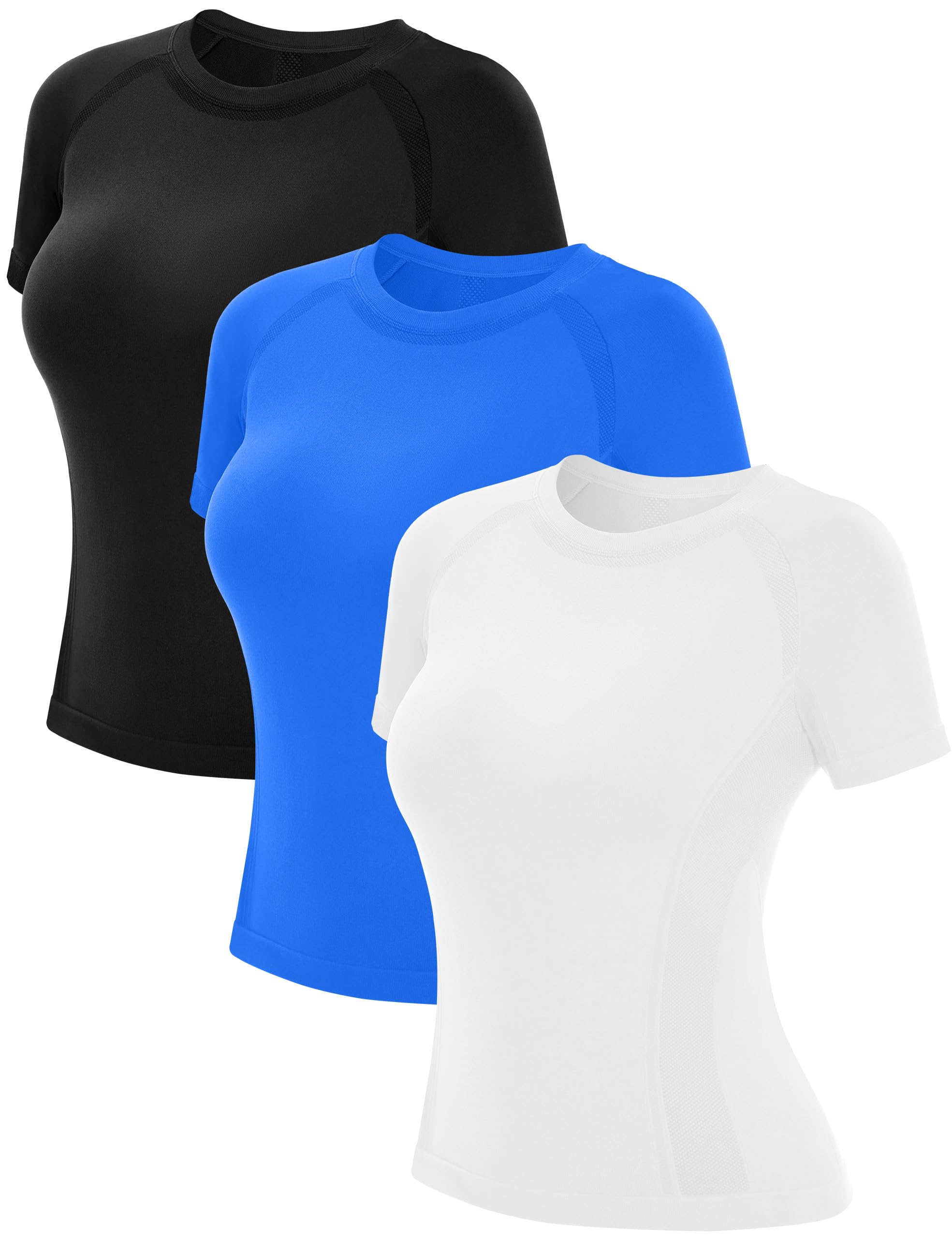 Photo 1 of ****ONLY ONE SHIRT**** MathCat Short Sleeve Workout Tops for Women,Workout Shirts for Women,Seamless Yoga Athletic Shirts Gym Running Shirts, X-Small, Black&white&lakeblue