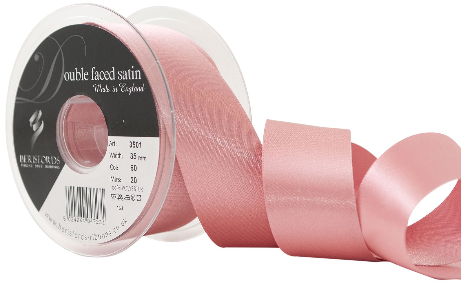 Berisfords Double Satin Ribbon, Dusky Pink, 35 mm