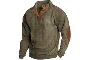 FONMA Mens Corduroy Sweatshirts Long Sleeve Round Neck Elbow Patches Shirts Casual Button up Pullover Tops