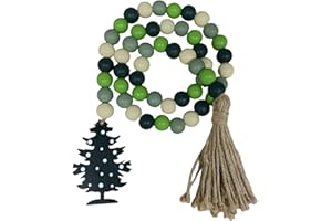 FENISAM 40" Handmade Farmhouse Bead Garland Wood with Tassel, Boho Chic Decorative String Beads Home Decor, Table Tiered Tray Country Wooden Accents (Christmas Evergreen Cheer, 0.63" Diameter)