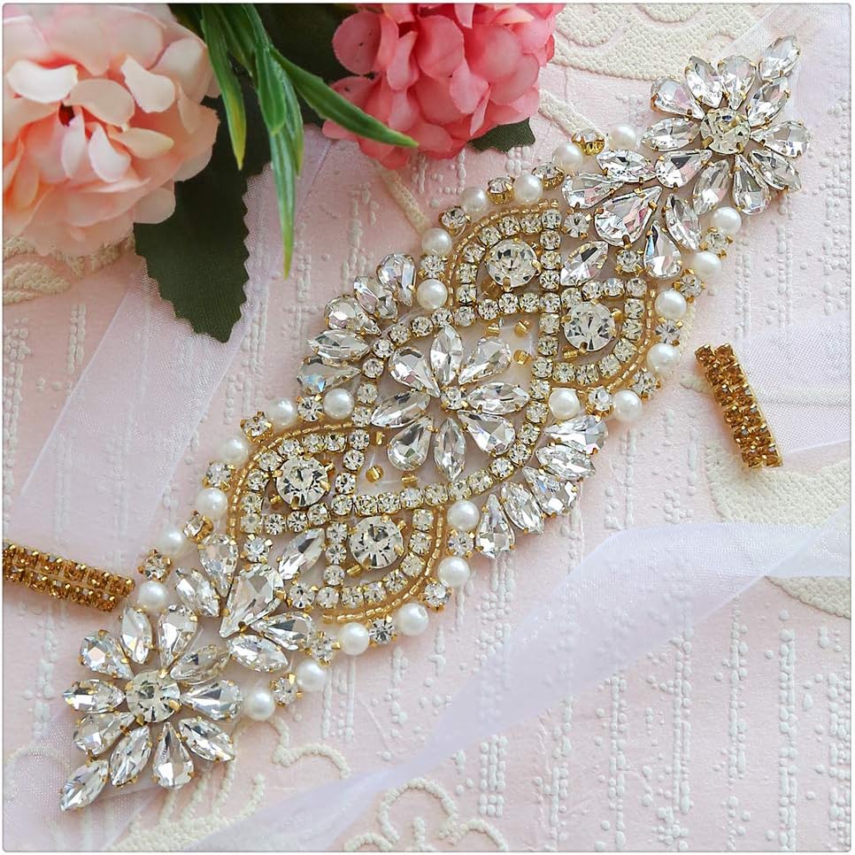 Rhinestone Crystal Pearl Belts Rhinestone Wedding Belt Gold Rhinestone Trim with White Organza Stain for Wedding Dress and Gown
