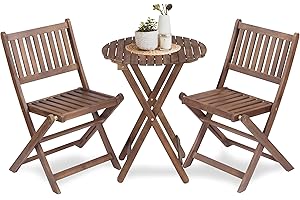 Mederlo 3-Piece Acacia Wood Bistro Set, Wooden Folding Patio Furniture for Garden Backyard Balcony Porch w/ 1 Coffee Table and 2 Foldable Chairs, Natural Stained