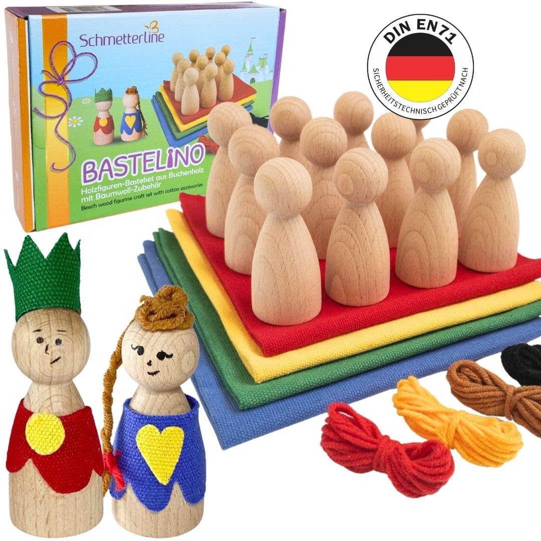 SCHMETTERLINE® Craft Set with Instructions for Children (48 Craft templates) - 12 Play Figures Made of Wood for Crafting, Painting, Decorating - Craft Box with Creative Craft Ideas