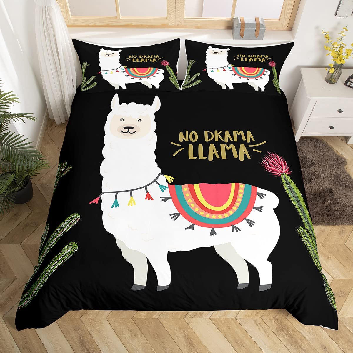 Loussiesd Alpaca Bedding Set Children King Size Animal Print Comforter Cover Girls Sweet Alpaca Duvet Cover Set Microfiber Llama Bedclothes with 2 Pillowcase Tropical Plants Cactus Decor — image 1