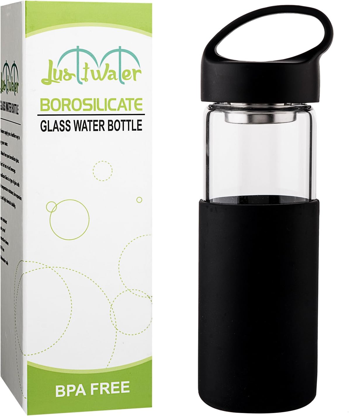 Justfwater Borosilicate Glass Water Bottle With Silicone Sleeve,Strainer 450ML,Tea and Fruit Infused Bottle