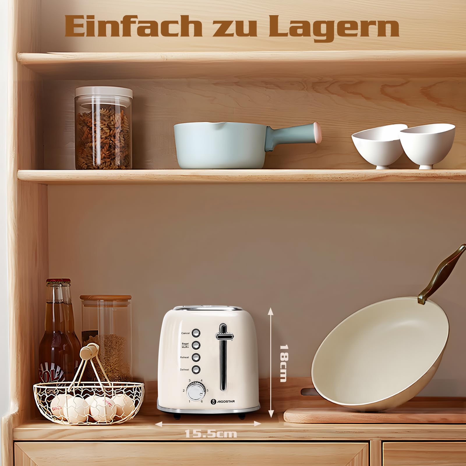 Aigostar Toaster 2 Scheiben, Retro Edelstahl Creme, 4 Funktionen (Bagel/Auftauen/Aufwärmen/Abbrechen), Extra Breite Toastschlitze, 6 Bräunungsstufen, Liftfunktion, 800W. Retro Cream 8