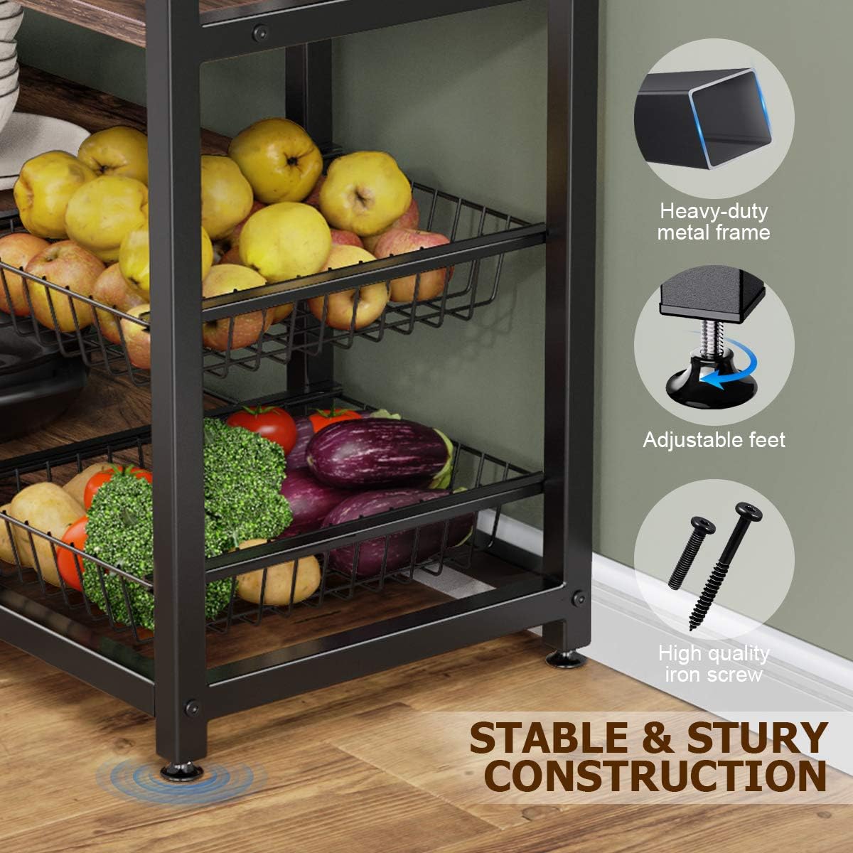 Homemaxs Kitchen Baker’s Rack, 4 Tier+ 4 Tier Microwave Storage Stand with 2 Slide-Out Mesh Baskets, Vintage Utility Shelf for Spices, Pots, and Pans Organizer Workstation - Rustic Brown: Kitchen & Dining