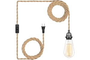 HURYEE Plug in Hanging Light Fixture, 15FT Pendant Lamp Lights Cord with Switch Cord E26 Bulbs Socket, Industrial DIY Twisted Hemp Rope Overhead Lamps for Farmhouse Bedroom Home Lighting Decors