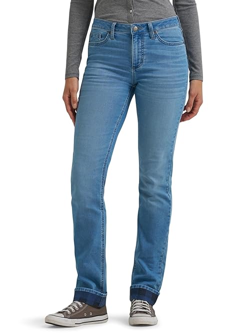 Lee Women's Legendary Mid Rise Straight Leg Jean, Frost Over - Plaid Fleece Lined, 16 Short