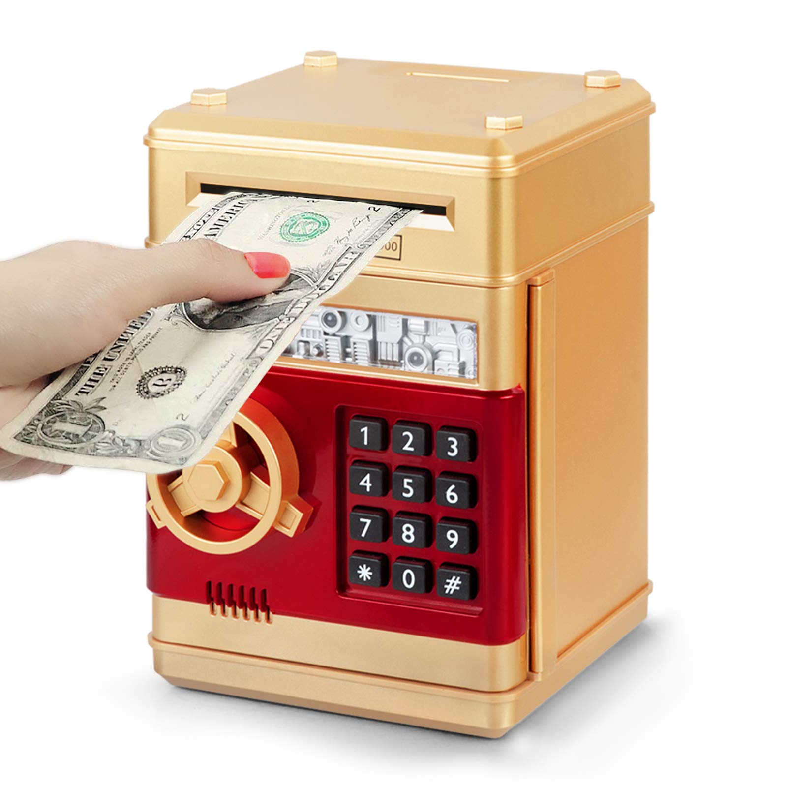 Photo 1 of Refasy Money Bank for Kids Age 3 4 5+, Electronic Piggy Bank Money Coin Safe ATM Bank Money Safe for 3-12 Year Old Boys Girls Toys Gifts, Mini ATM Kid Bank Password Money Saving Box Coin Can (Gold)