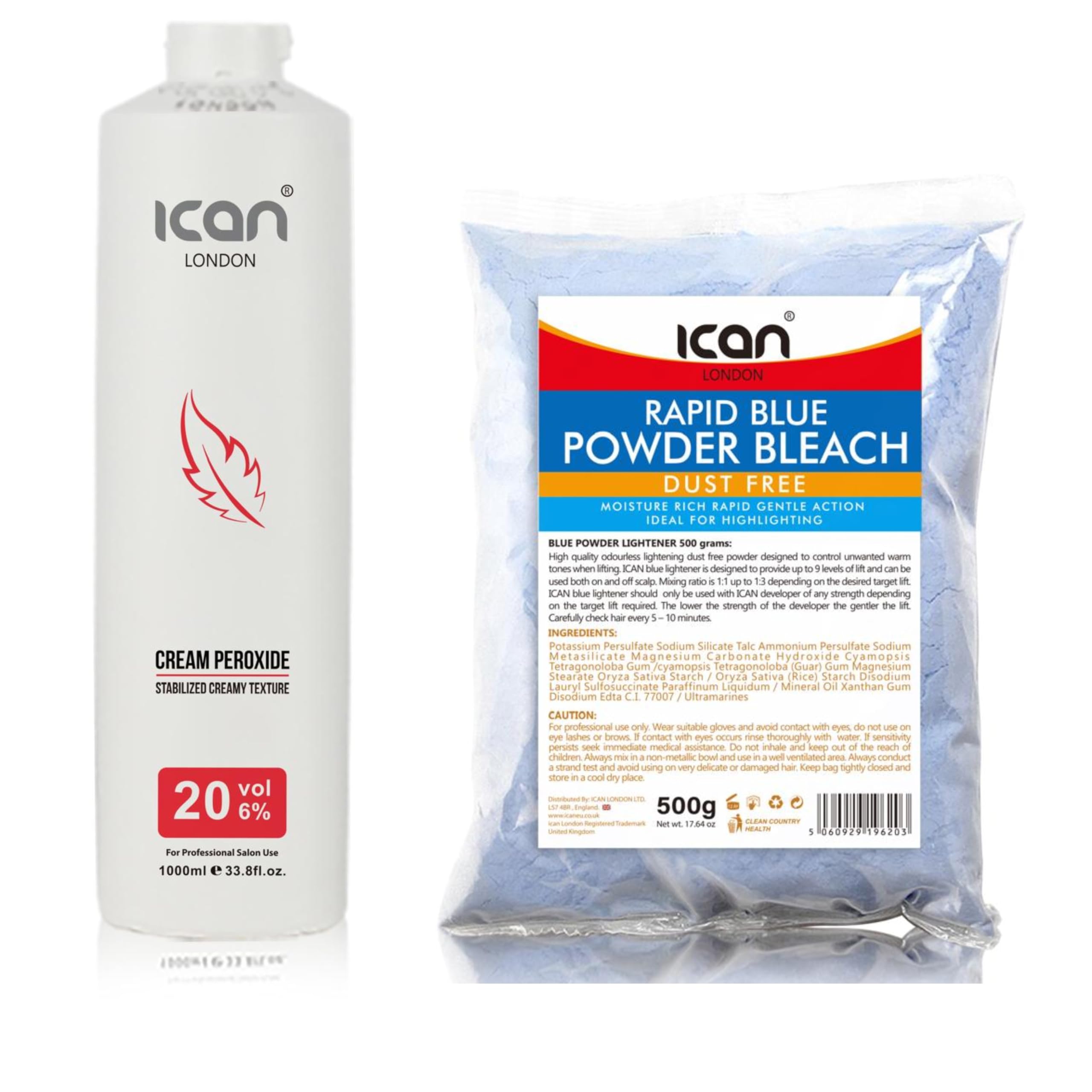 ICAN LONDON PROFESSIONAL CREAM PEROXIDE 20 VOL 6% 1000 ML + RAPID BLUE POWDER BLEACH 500 G COMBO SET