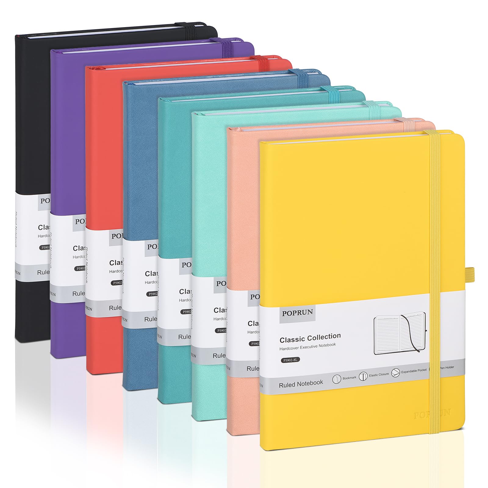 Photo 1 of POPRUN A5 Lined Journal Notebooks, 8 Pack Leather Hardcover Thick Notebook for Writing, Business Work, Travel, School, College, 5.5 x 8.3 inch, 240 Pages Classic Ruled Journals Notepad, Multicolored